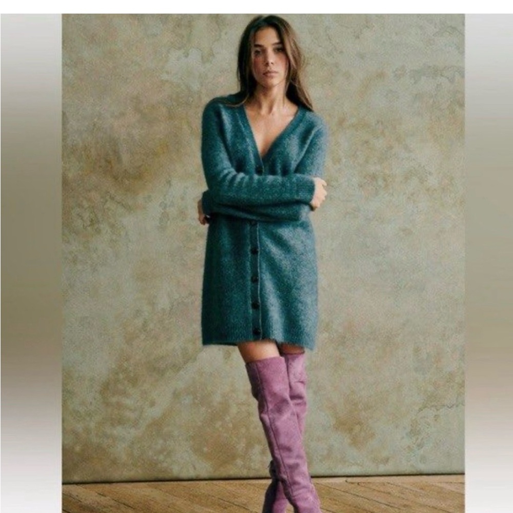 Long Button-Front Mohair Blend Cardigan Sweater - Teal Blue